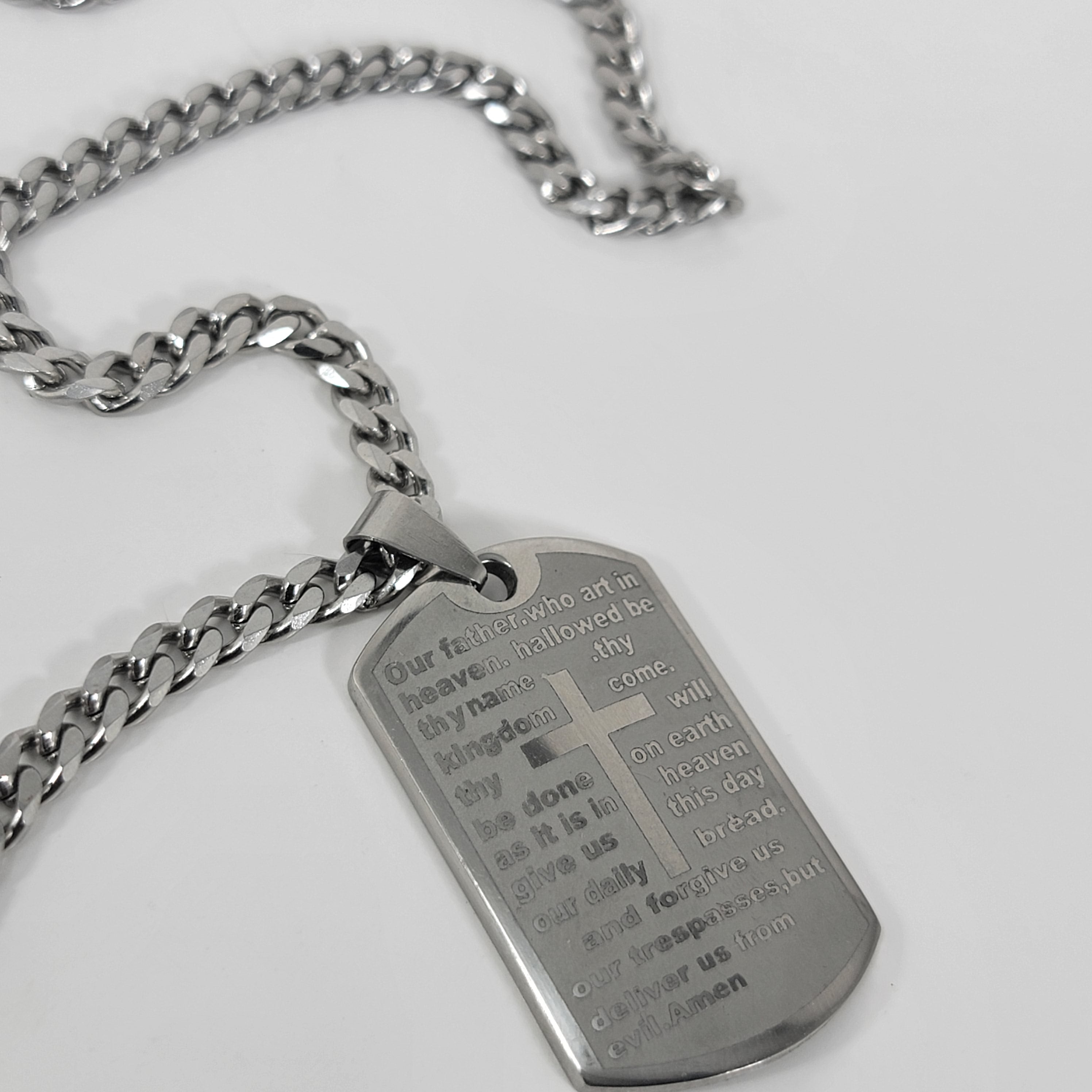 Stainless Steel Lord's Prayer Dog Tag Pendant with Cross & Cuban Chain - Unisex