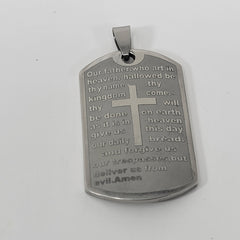Stainless Steel Lord's Prayer Dog Tag Pendant with Cross & Cuban Chain - Unisex