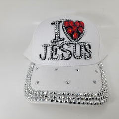 "I Love Jesus" Rhinestone White Cap - Shiny Bling Sports I Love Jesus Cap