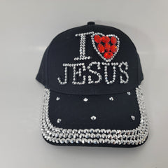 "I Love Jesus" Rhinestone Black Cap - Shiny Bling Sports I Love Jesus Cap