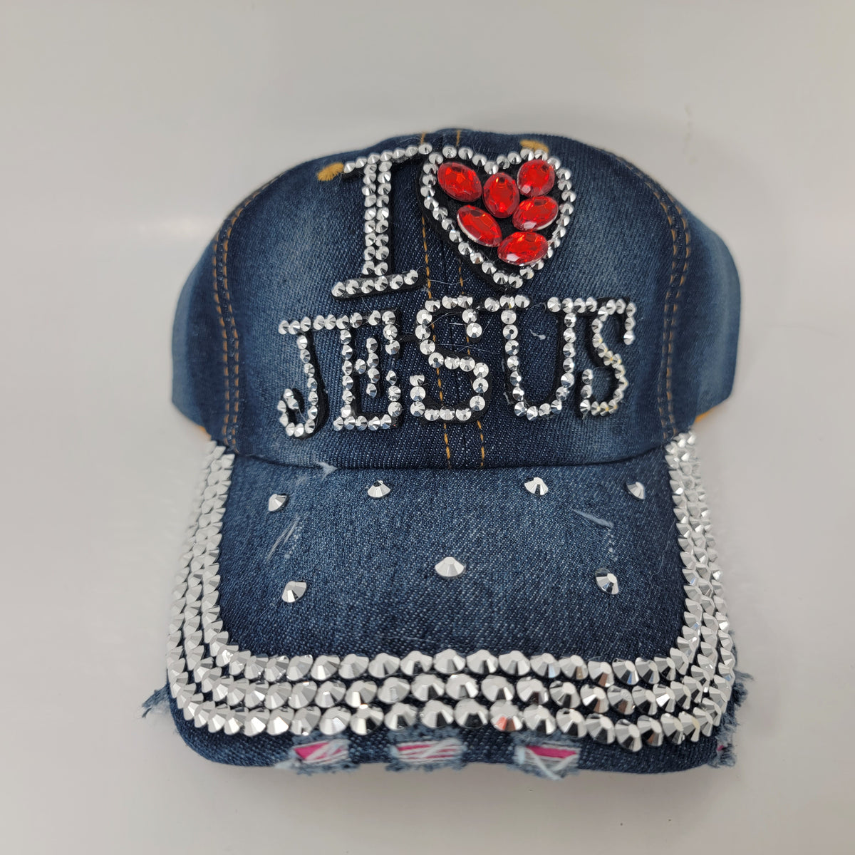 "I Love Jesus" Rhinestone Denim Cap - Shiny Bling Sports I Love Jesus Cap