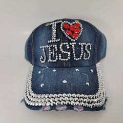 "I Love Jesus" Rhinestone Denim Cap - Shiny Bling Sports I Love Jesus Cap