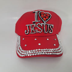 "I Love Jesus" Rhinestone Red Cap - Shiny Bling Sports I Love Jesus Cap