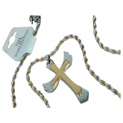 Gold & Silver Stainless Steel Angel Cross Pendant w/ 2 Tone Rope Chain - Unisex