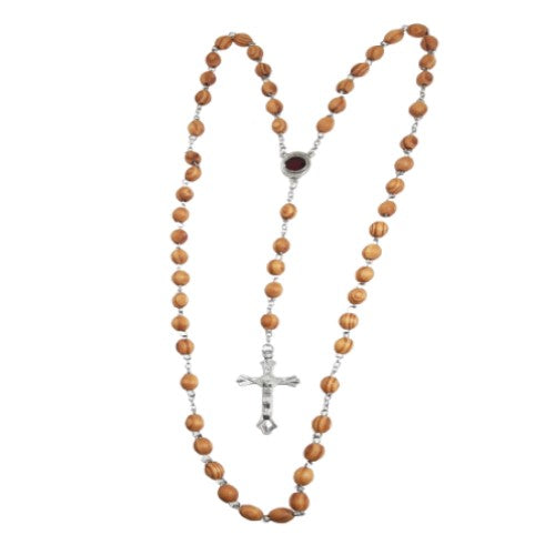 Olive wood Rosary Beads w/ Holy Land Terra Soil Christ Crucifix Necklace
