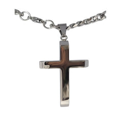 Silver color Stainless Steel Beveled Cross Pendant w/Cuban Chain - Unisex