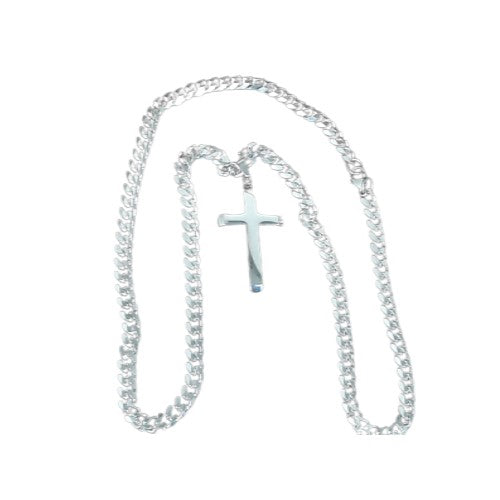 Silver color Stainless Steel Beveled Cross Pendant w/Cuban Chain - Unisex