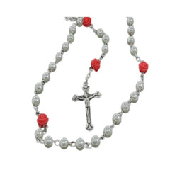 Flex White Pearl Red Rose Rosary with Silver Cross - Unisex